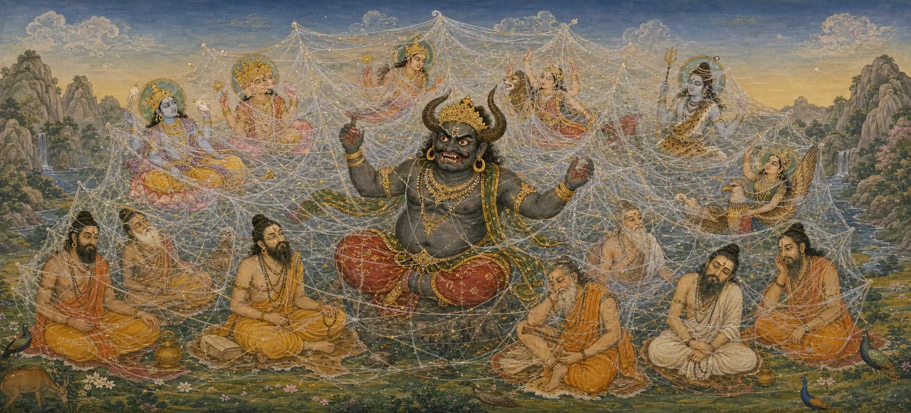 The demon Mohasura seated at the center of a vast web ensnaring sages and gods alike, its threads stretching across the sky.