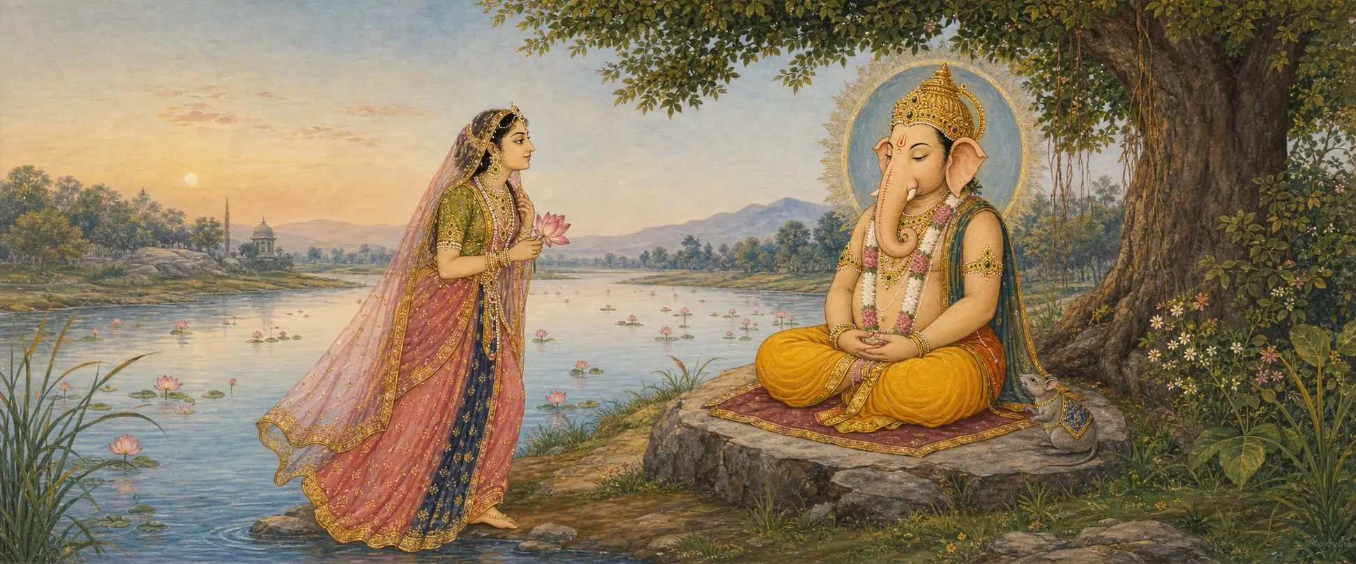 Tulsi standing by a lotus pond holding a flower, gazing at Ganesh who sits in meditation beneath a tree with his mouse companion beside him.