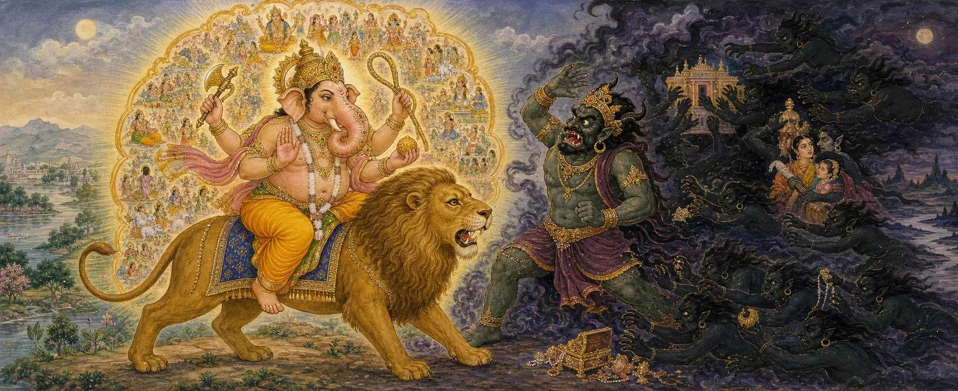 Vakratunda riding a roaring lion, a golden halo of tiny celestial figures behind him, confronting the alarmed demon Matsarasura amid a swirling cloud of shadowy faces.