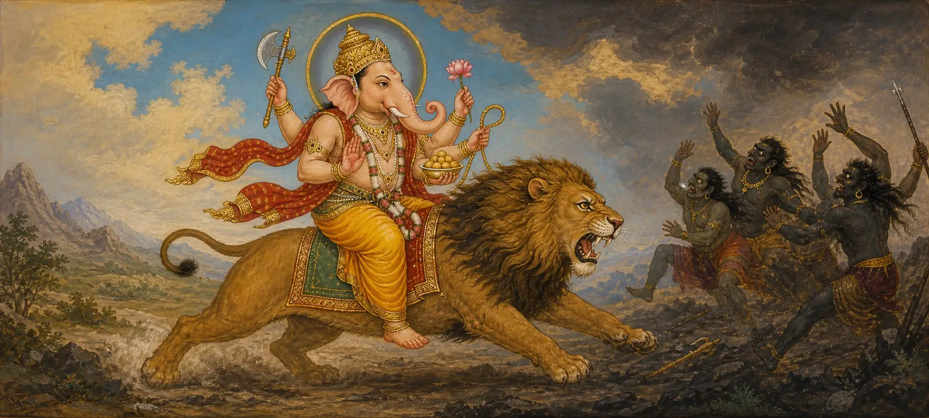 Vakratunda charging on his roaring lion toward three demon figures who recoil in terror.