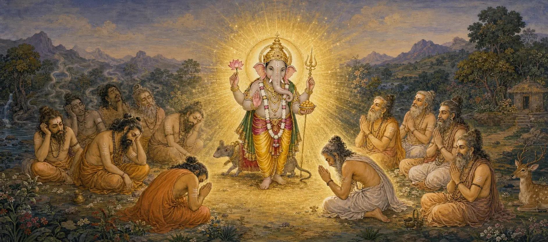 Ganesh standing radiant with a sunburst halo among two groups of sages, those on the left covering their faces in shame and those on the right folding their hands in relief.