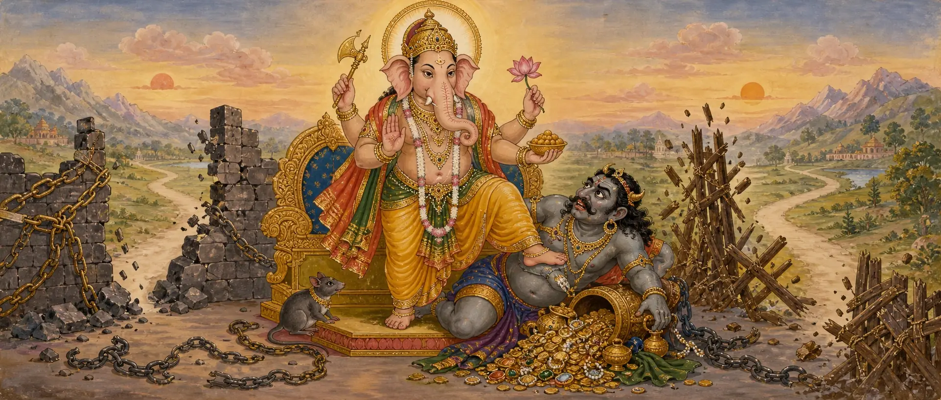 Vighnaraja seated on his throne with a foot resting on the defeated, chained demon, broken walls and scattered treasure around them.