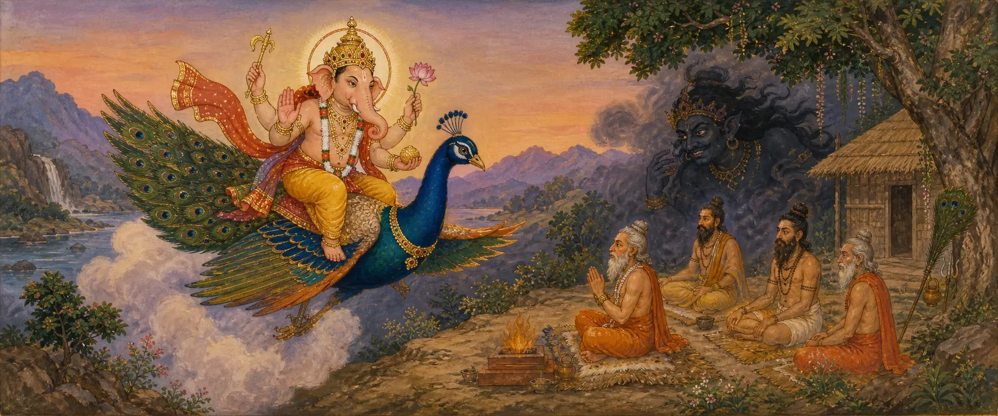 Vikata flying in on his peacock toward ascetics in prayer, as a shadowy, leering demon face looms in smoke behind their hermitage.