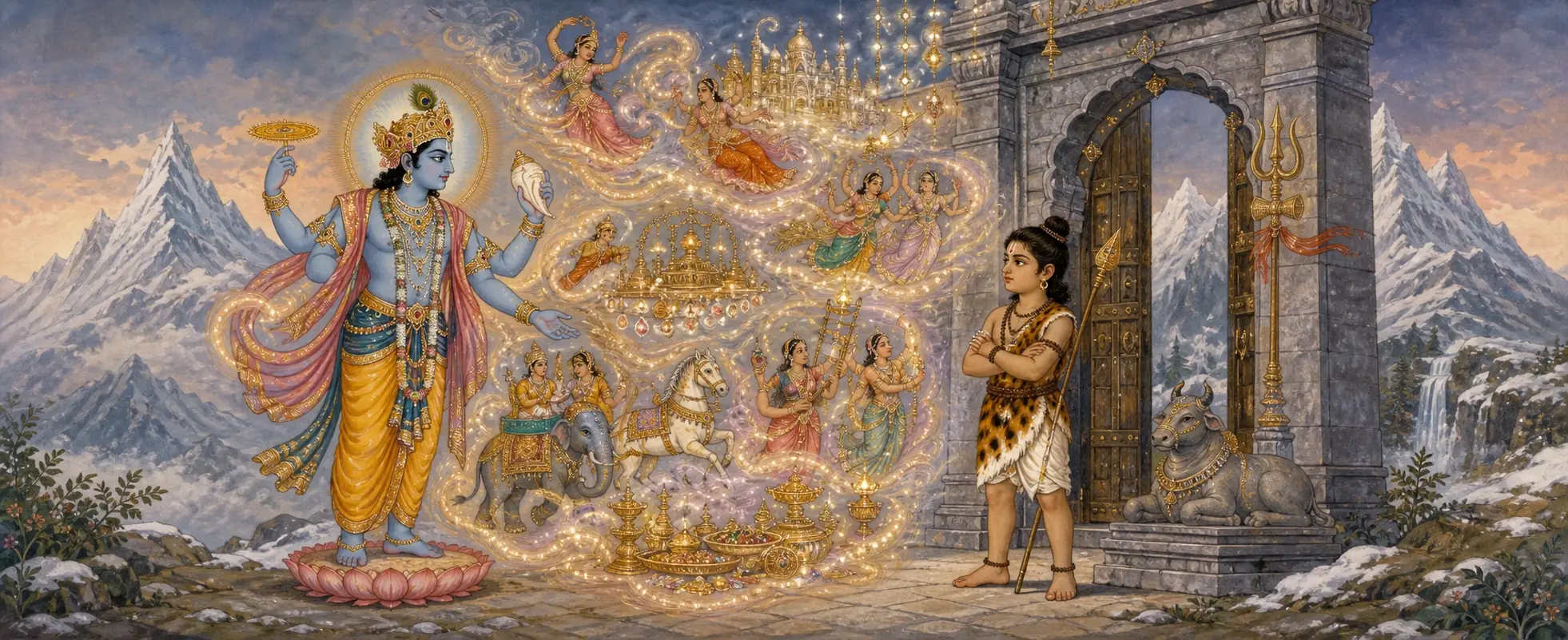 Vishnu conjuring a shimmering illusion of dancers and treasures beside young Ganesh, who stands unmoved with arms crossed at the gateway.