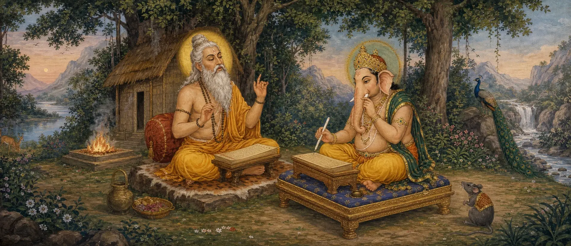 Vyasa reciting verses beside Ganesh, who writes them down on a manuscript, with a mouse and peacock nearby and deer resting by the lake.