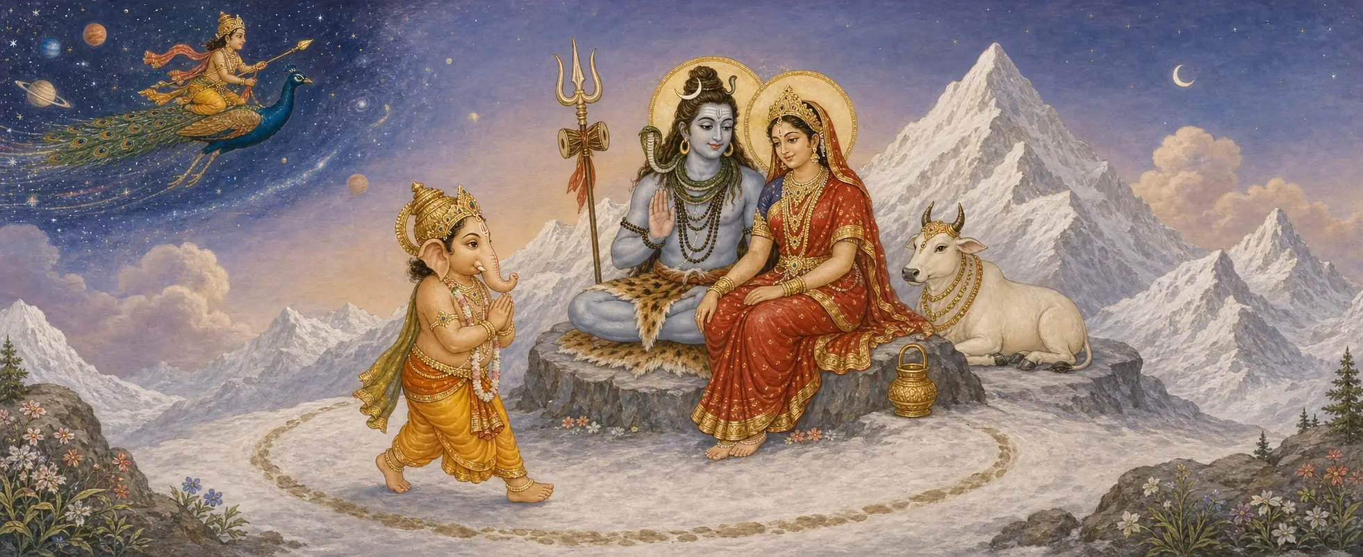 Young Ganesh circling Shiva and Parvati seated together in the Himalayas, while Kartikeya is seen racing through the cosmos on his peacock in the sky above.