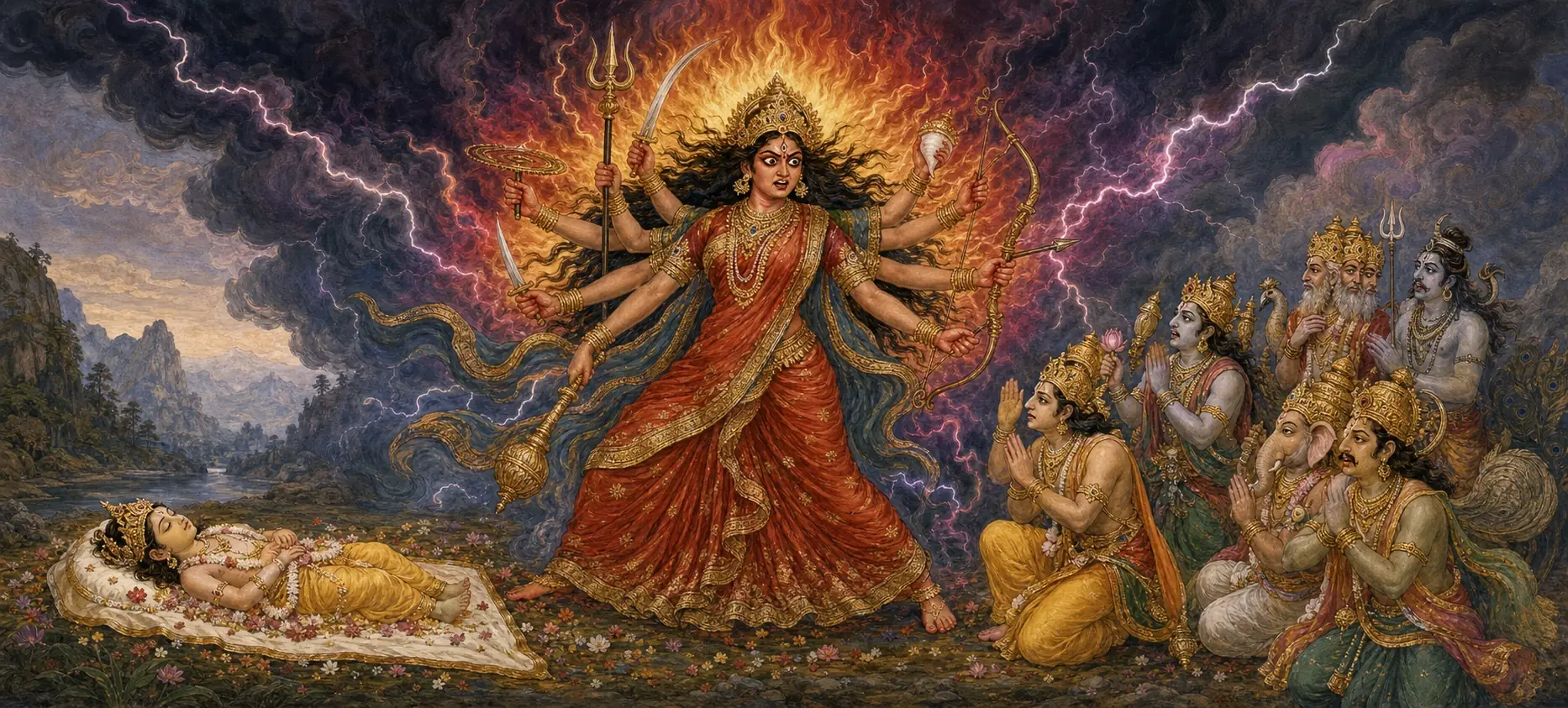 Parvati transformed into a fierce, multi-armed goddess wreathed in flame and lightning, standing over her lifeless son as gods kneel in fear before her.