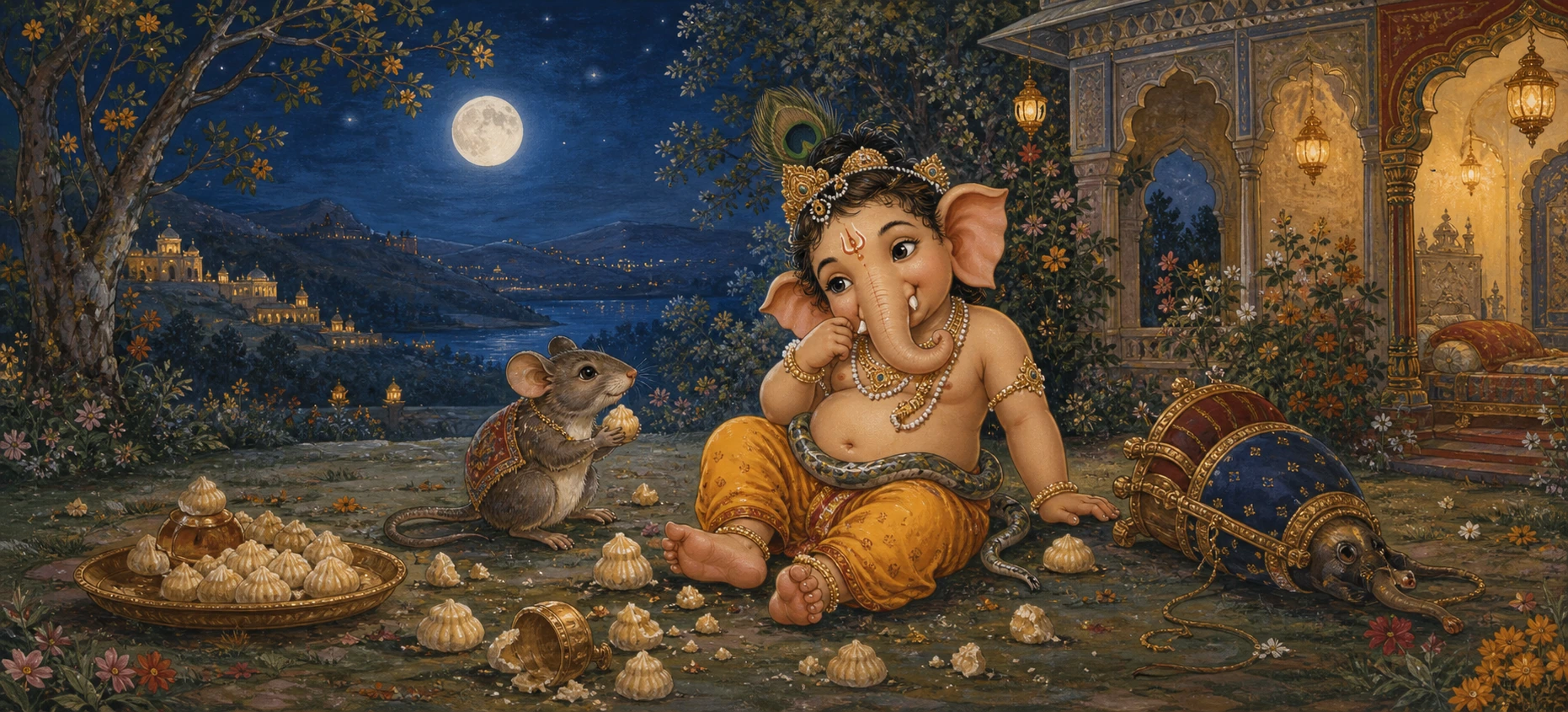 Baby Ganesh seated on the ground under a full moon at night, a serpent wrapped around his belly like a makeshift belt, a devoted mouse and scattered modaks beside him.