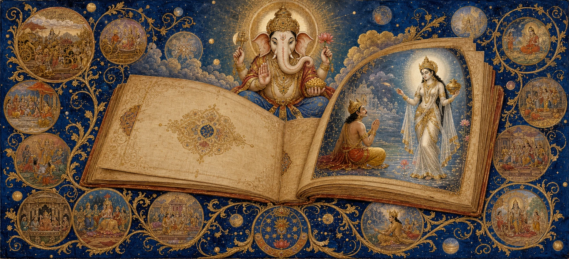 Ganesh enthroned above an illuminated manuscript ringed by circular vignettes of other sacred stories, its open pages showing a king kneeling in prayer before a radiant goddess.
