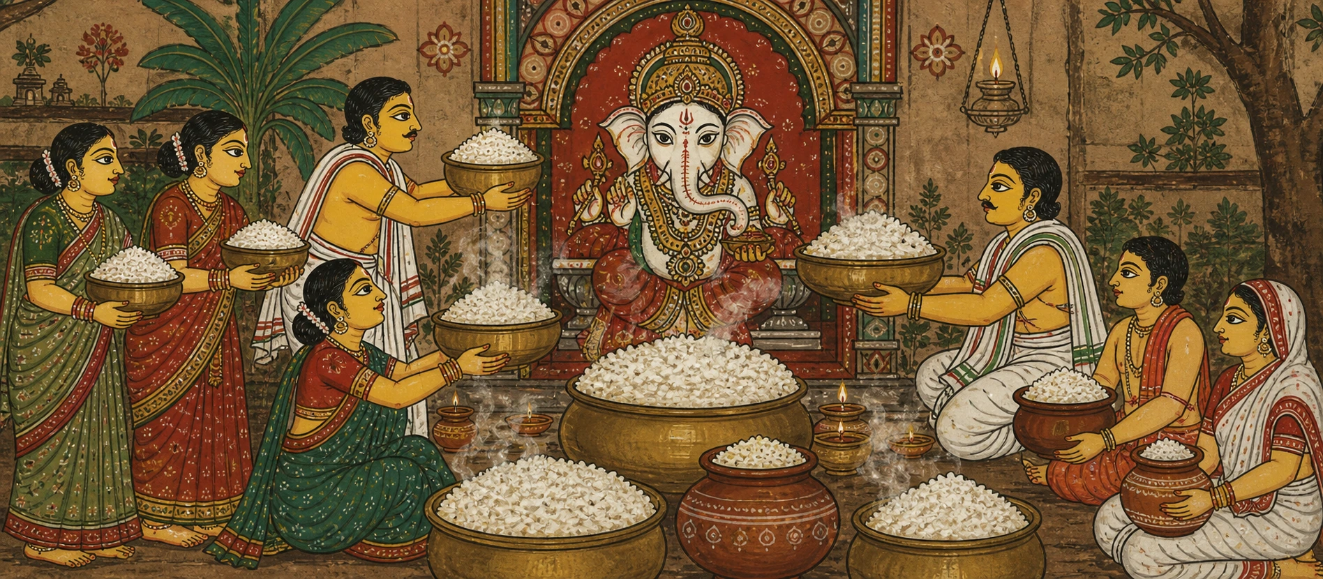 Ganesh enshrined in a temple alcove as devotees bring him large steaming bowls and pots heaped with plain boiled rice.
