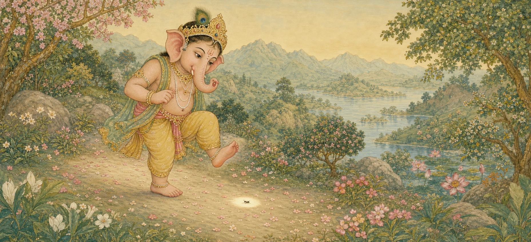 A young crowned Ganesh walking a garden path beside a lake, lifting his foot carefully to avoid a tiny ant glowing on the ground before him.