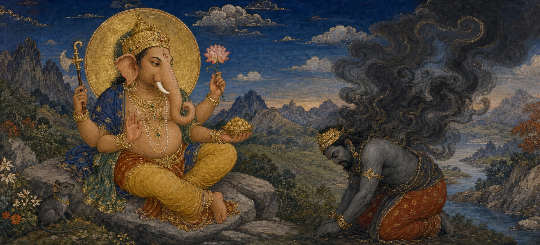 Four-armed Ganesh seated on a rock holding an axe and a lotus, facing a dark, smoke-wreathed demon bowing before him in defeat.