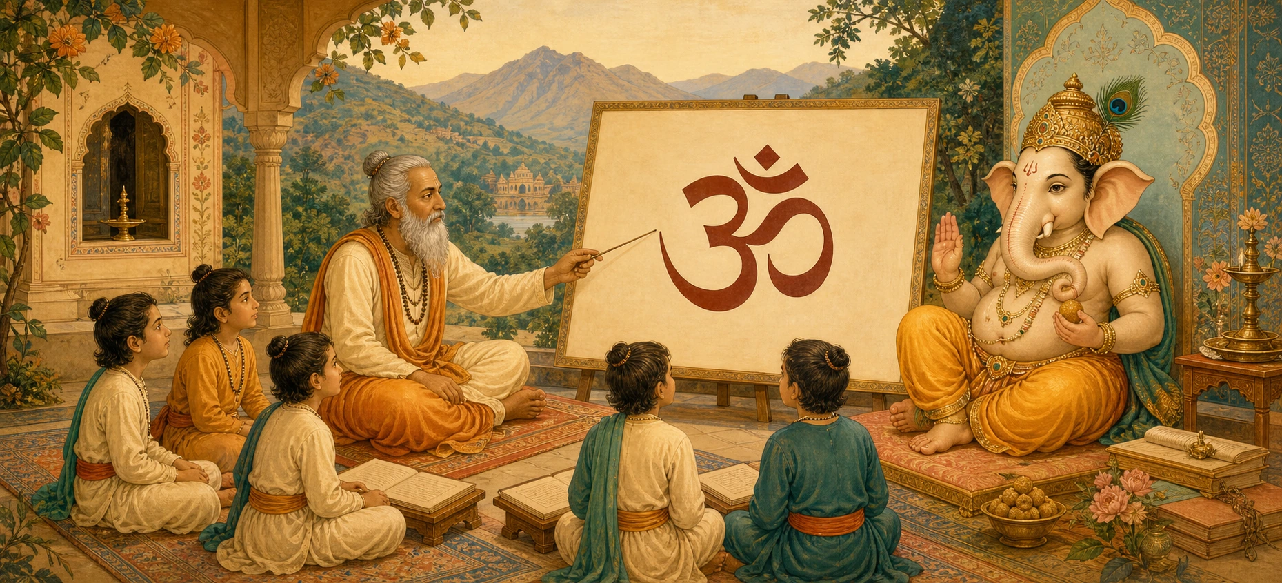 An elder teacher pointing to the Om symbol on an easel before seated students, with Ganesh sitting beside them in the same curved posture as the symbol.