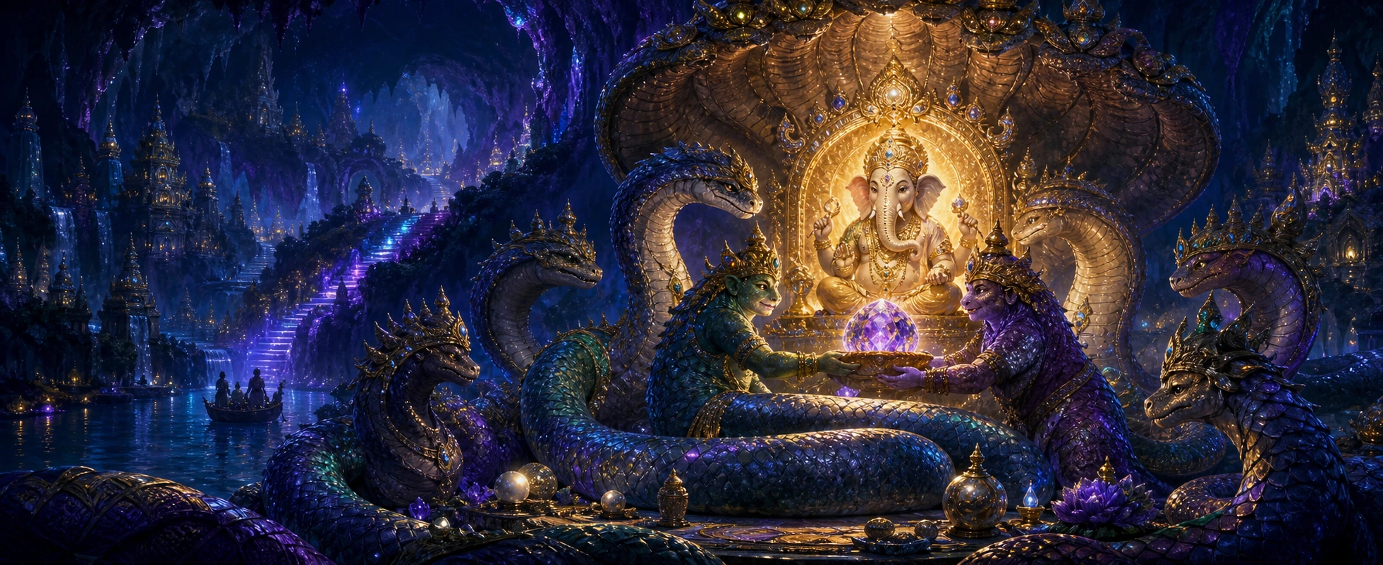 A golden Ganesh enthroned beneath a canopy of serpent hoods in the underworld realm of Patala, two crowned naga figures presenting him a glowing gem.