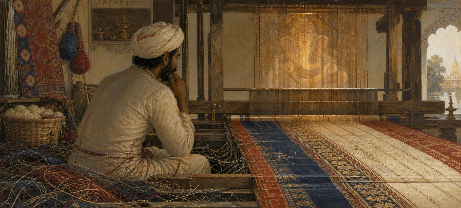 A weaver pausing thoughtfully at his handloom, the golden image of Ganesh visible woven into the cloth taking shape before him.