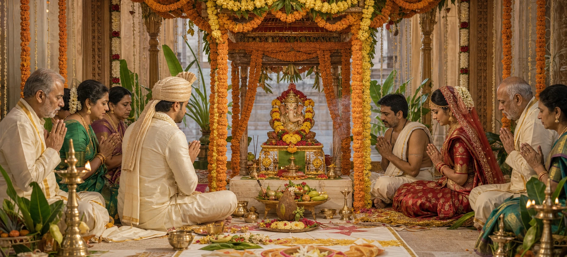 A bride, groom, and family seated in prayer before a marigold-garlanded shrine holding a small image of Ganesh at the start of a wedding ceremony.