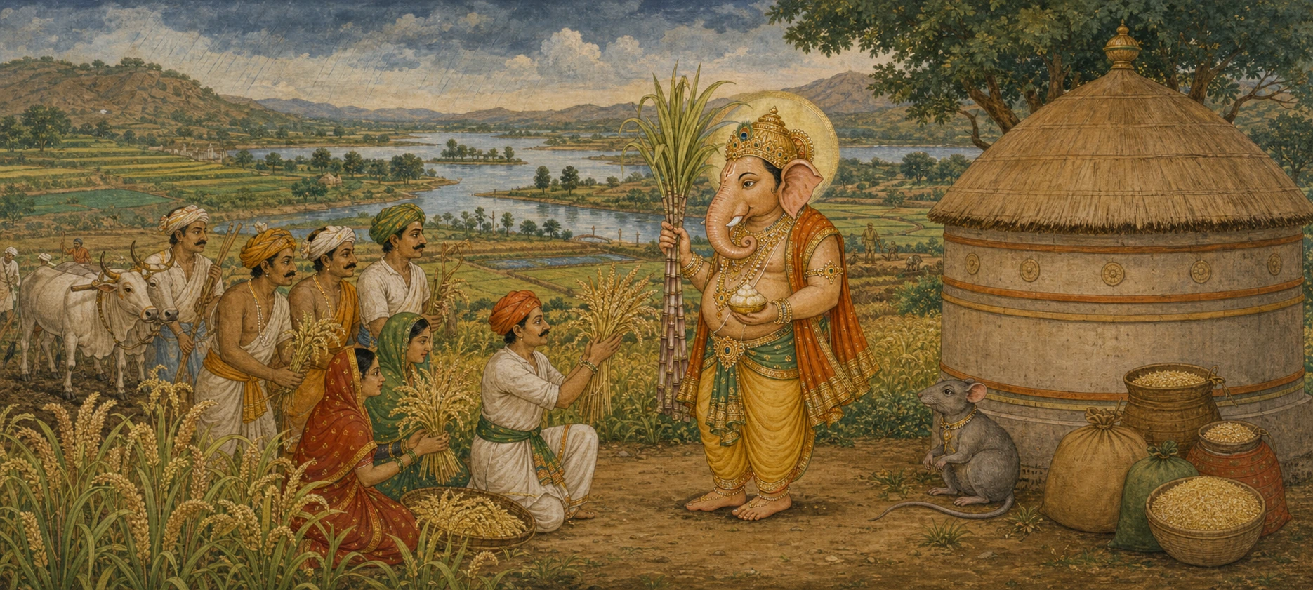 Ganesh standing in a rice field holding sugarcane as farmers bring him a harvest offering, a devoted mouse waiting beside a grain store.
