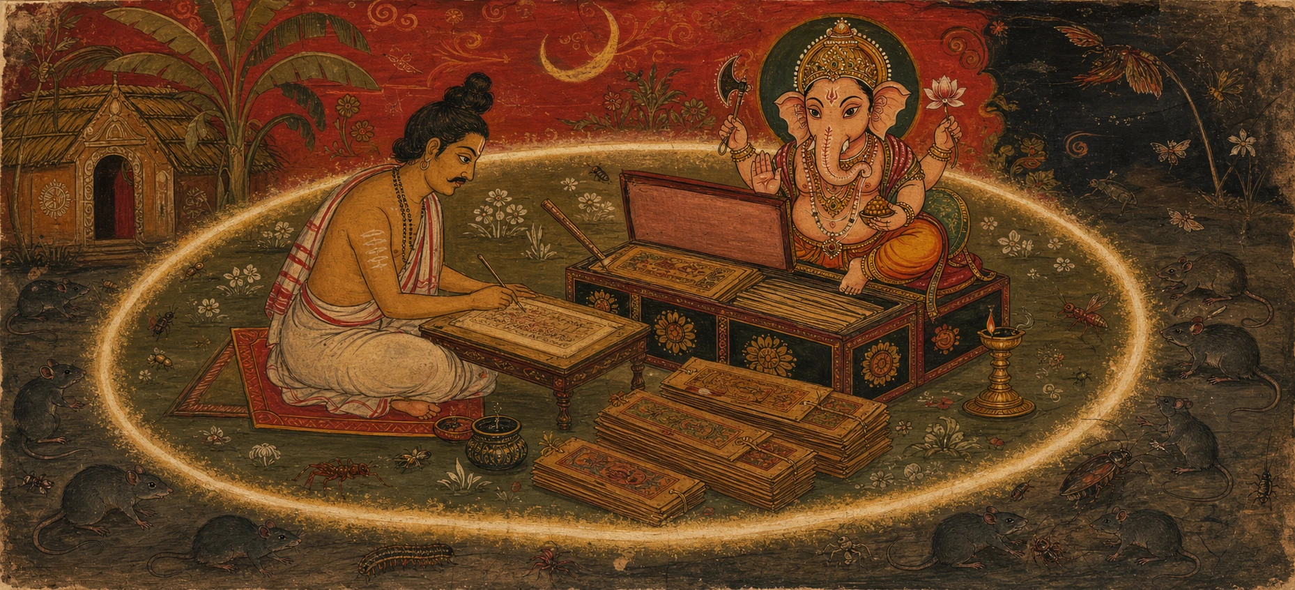 A medieval Bengali poet seated writing on a palm-leaf manuscript beside a radiant, haloed image of Ganesh holding an axe and lotus.