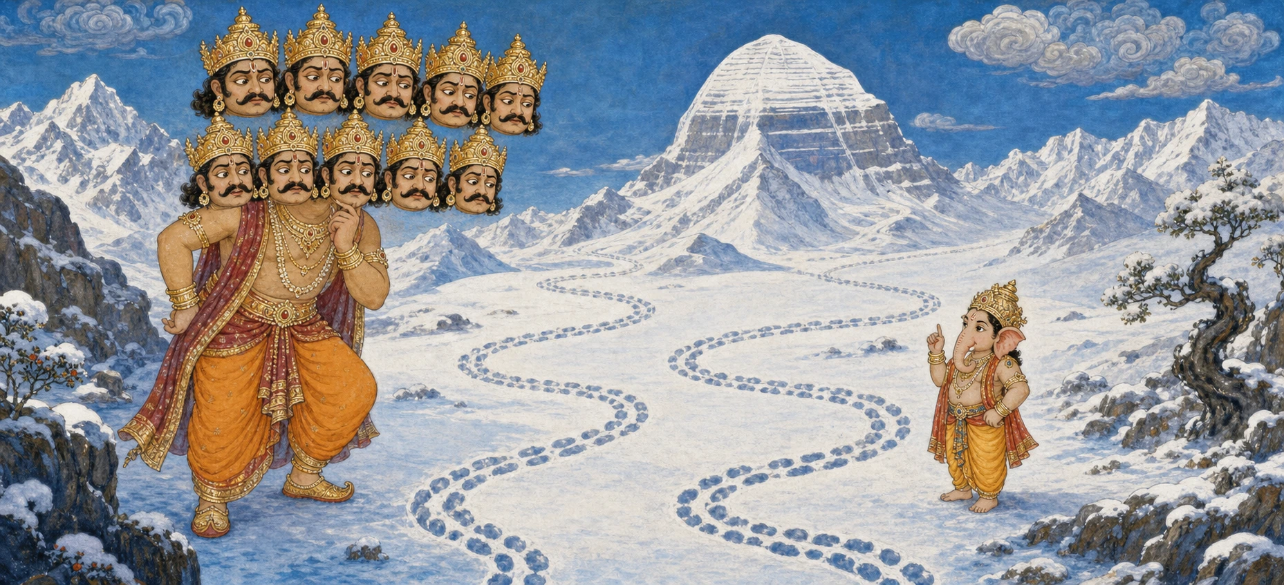 Ten-headed Ravana standing bewildered before winding footprints in the Kailash snow, a small Ganesh gesturing playfully at the trail's end.
