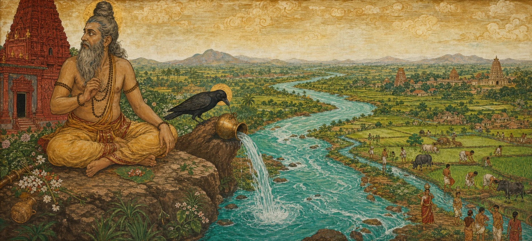Sage Agastya seated by a red temple as a crow perched on his kamandalu tips it, releasing a river that flows down through fields and a village.