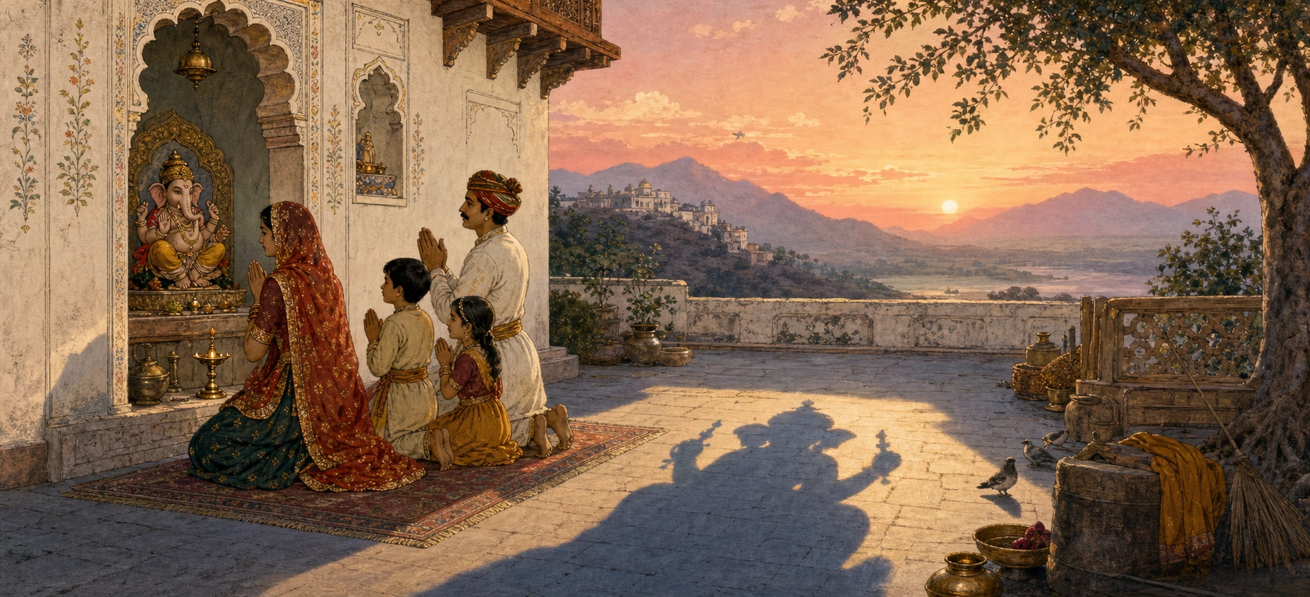 A family kneeling in prayer at a small home shrine holding an image of Ganesh at sunset, their shadows cast across the courtyard floor.