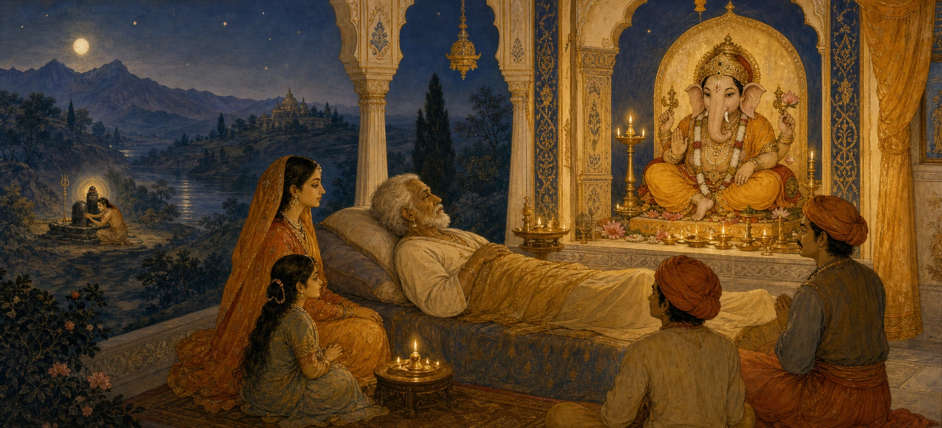 An elderly man on his deathbed at night, family gathered in prayer beside him as a radiant enshrined image of Ganesh watches over the room.