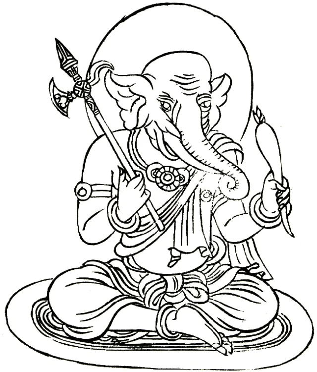 A monochrome line drawing of Vinayaka from the Ninna-ji Taizo Mandala, an early Japanese depiction connected to Kangiten worship.