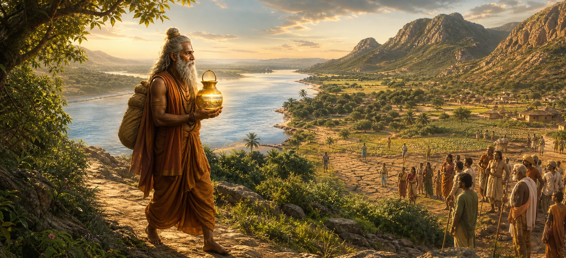 Sage Agastya walking a hillside path above a river valley, carrying a glowing kamandalu water pot, a parched field and waiting villagers below.