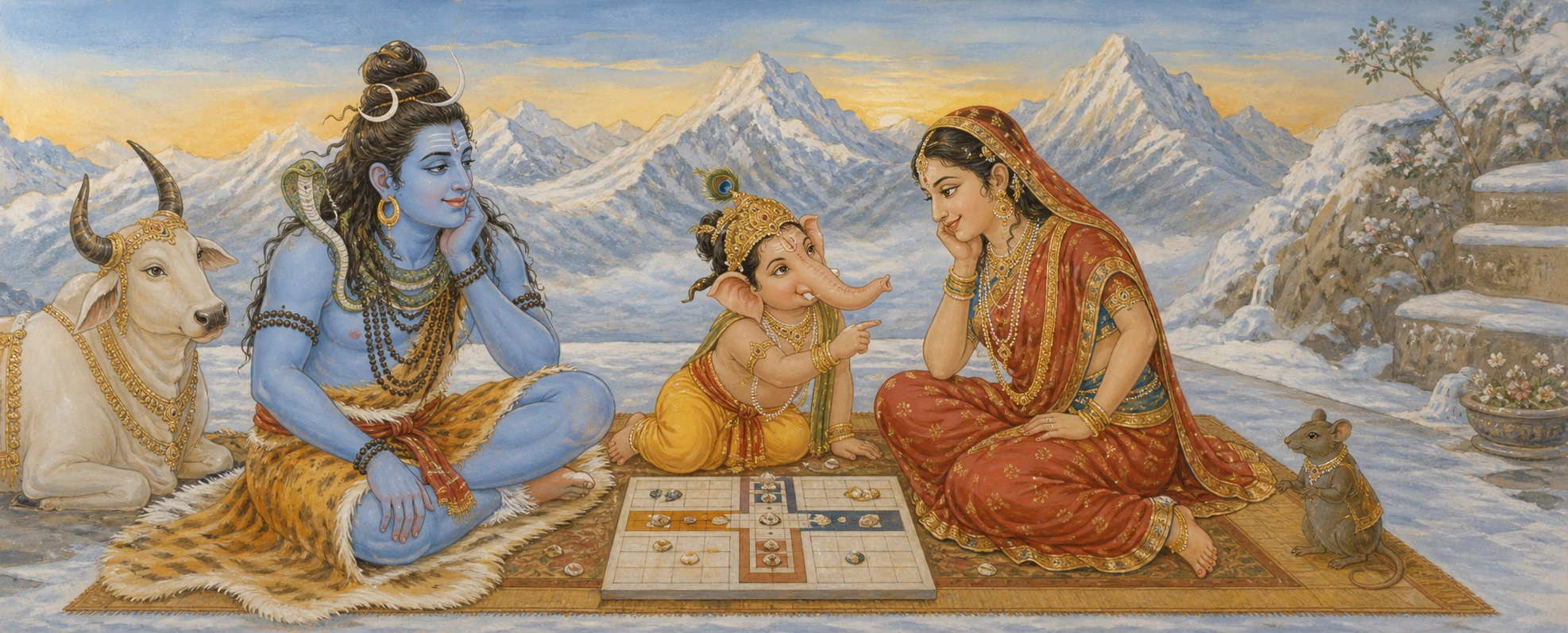 Shiva and Parvati seated on a snowy Kailash terrace over a chaupar board, young Ganesh leaning in between them with a mischievous, knowing expression.
