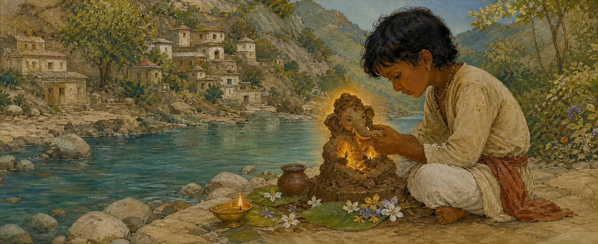 A village boy kneeling by a riverbank, gently shaping a small glowing clay idol of Ganesh, flowers and a lit lamp offered beside it.