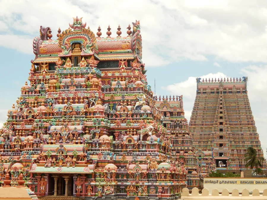 The gopuram towers of the Ranganathaswamy Temple at Srirangam, where the sacred idol came to rest.