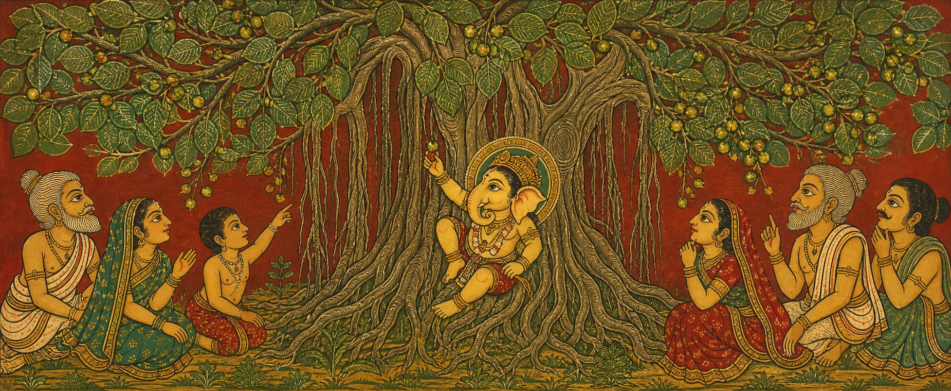 Baby Ganesh perched among the roots of a great banyan tree reaching for its fruit, families gathered on either side watching.