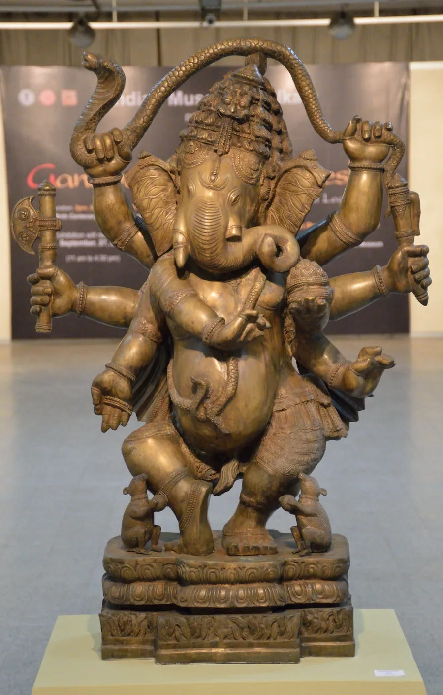 An 18th-century brass sculpture of Nritya Ganapati, the dancing form of Ganesha, from Odisha, on display at the Indian Museum, Kolkata.