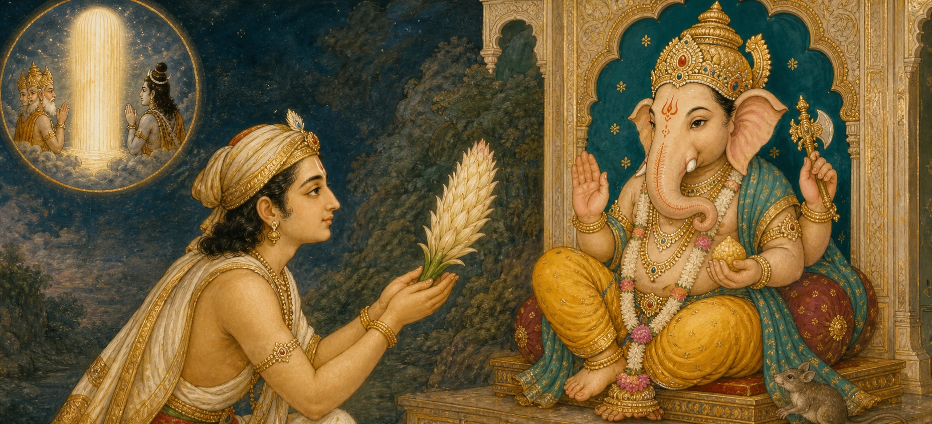 A devotee offering a pale ketaki flower to an enthroned Ganesh, with a small inset vignette showing the flower's earlier fall from Shiva's favor.