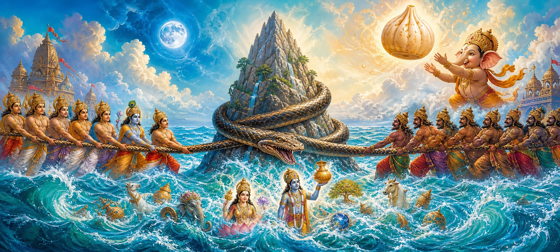 The Samudra Manthan, devas and asuras churning the cosmic ocean with a great serpent, as young Ganesh flies joyfully toward an enormous glowing modak.