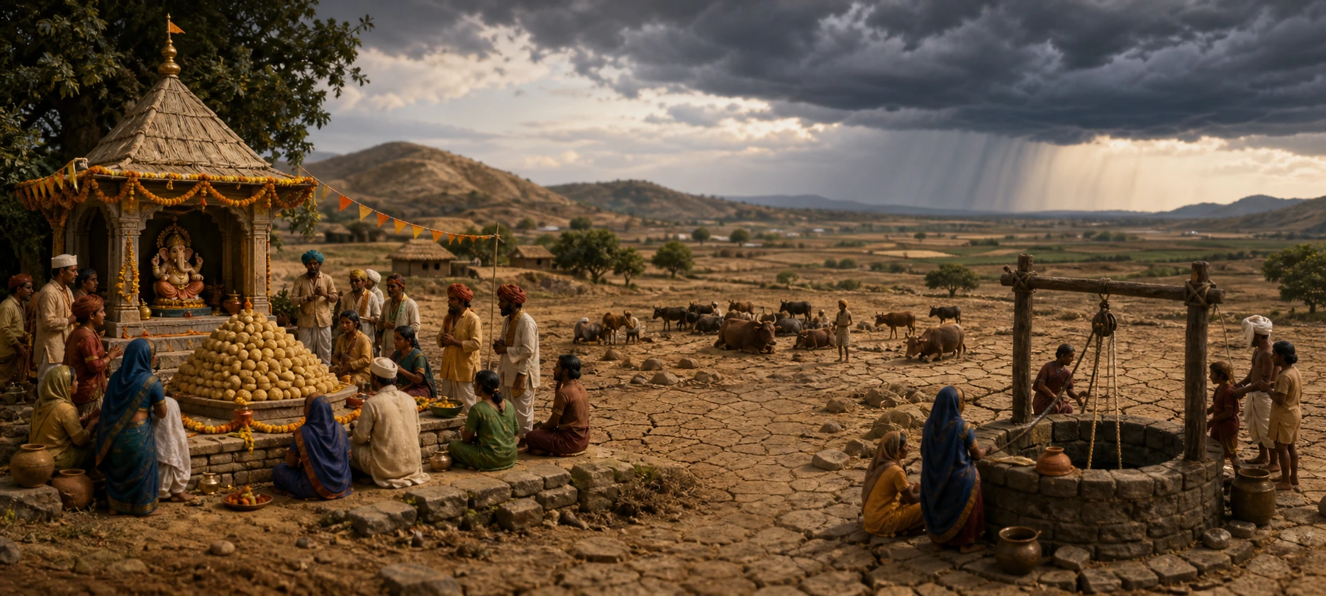 Villagers gathered at a small shrine on parched, cracked earth, piling a mountain of modaks before Ganesh as rain begins to fall in the distance.