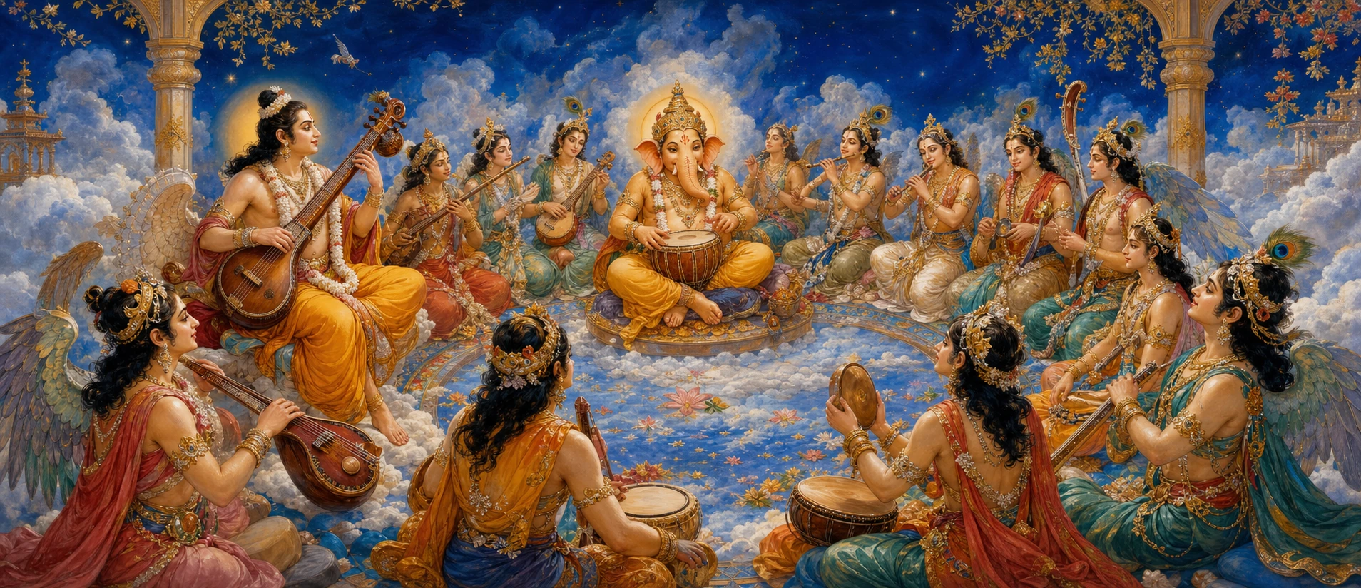 Ganesh seated among celestial musicians in a heavenly court, playing a drum alongside sage Narada and a circle of Gandharvas and Kinnaras.