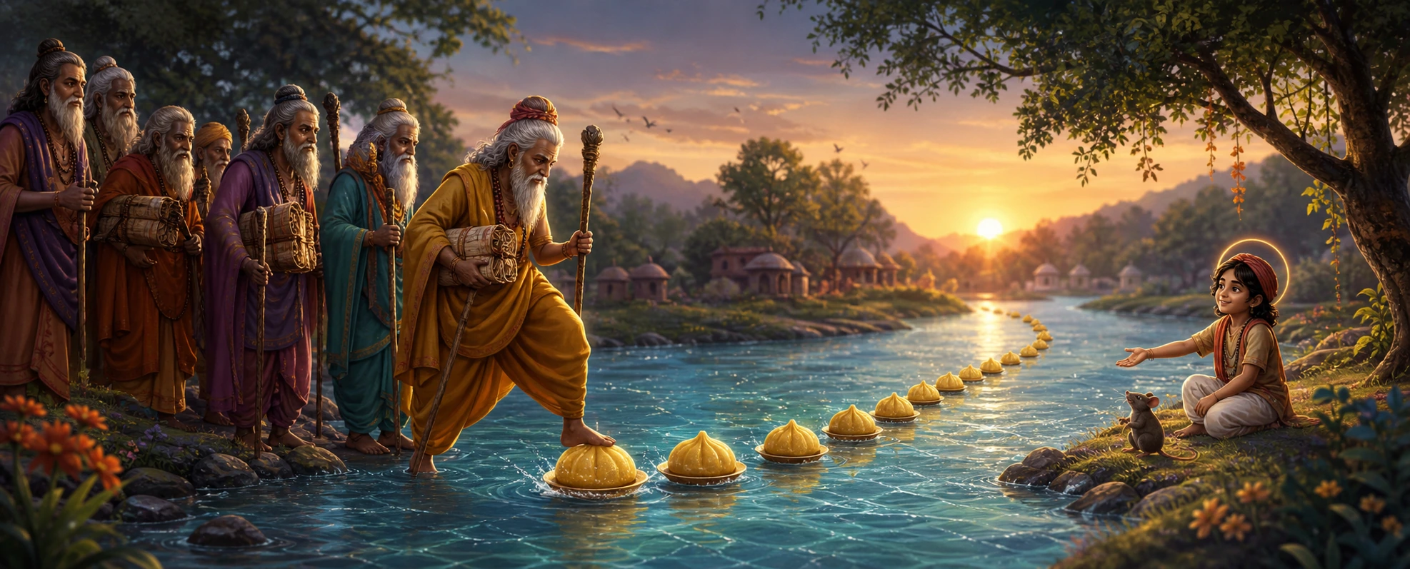 A line of sages halted at a flooded river, one stepping onto a path of floating modaks laid across the water by a haloed boy waiting on the far bank.