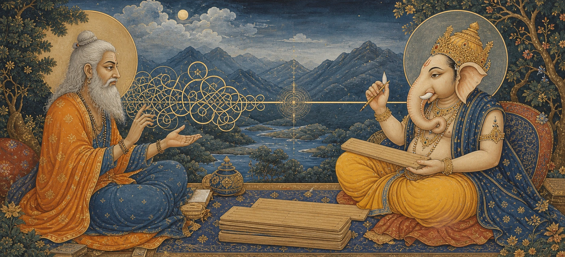Sage Vyasa reciting verse as flowing golden script forms in the air, Ganesh seated opposite writing it down on wooden slats with his stylus.