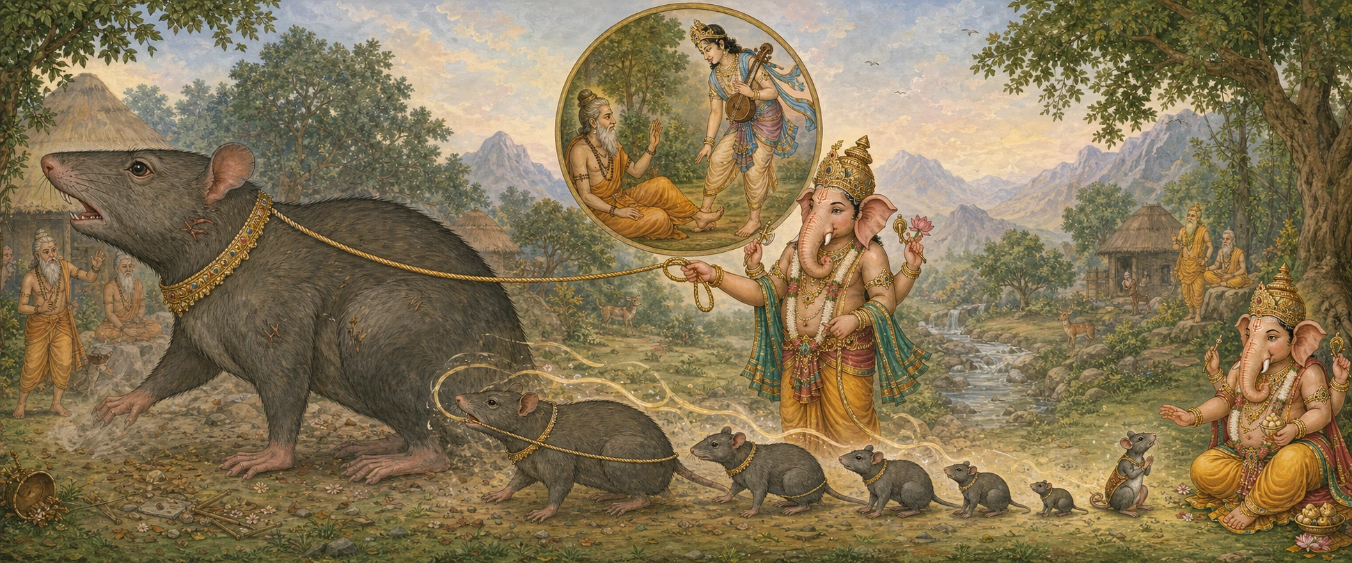 Ganesh leading an enormous rat on a golden noose, a line of progressively smaller rats following behind as it shrinks toward its final devoted form.
