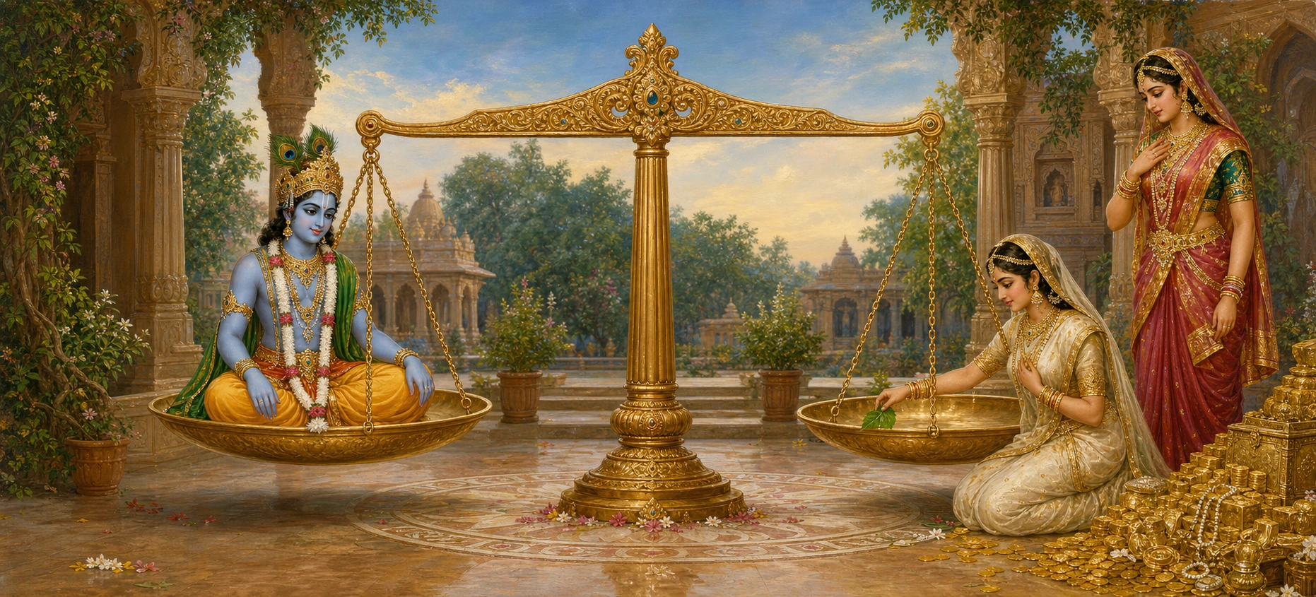 Krishna seated on one pan of a great golden balance scale, Rukmini kneeling to place a single Tulsi leaf on the other, tipping it perfectly level.