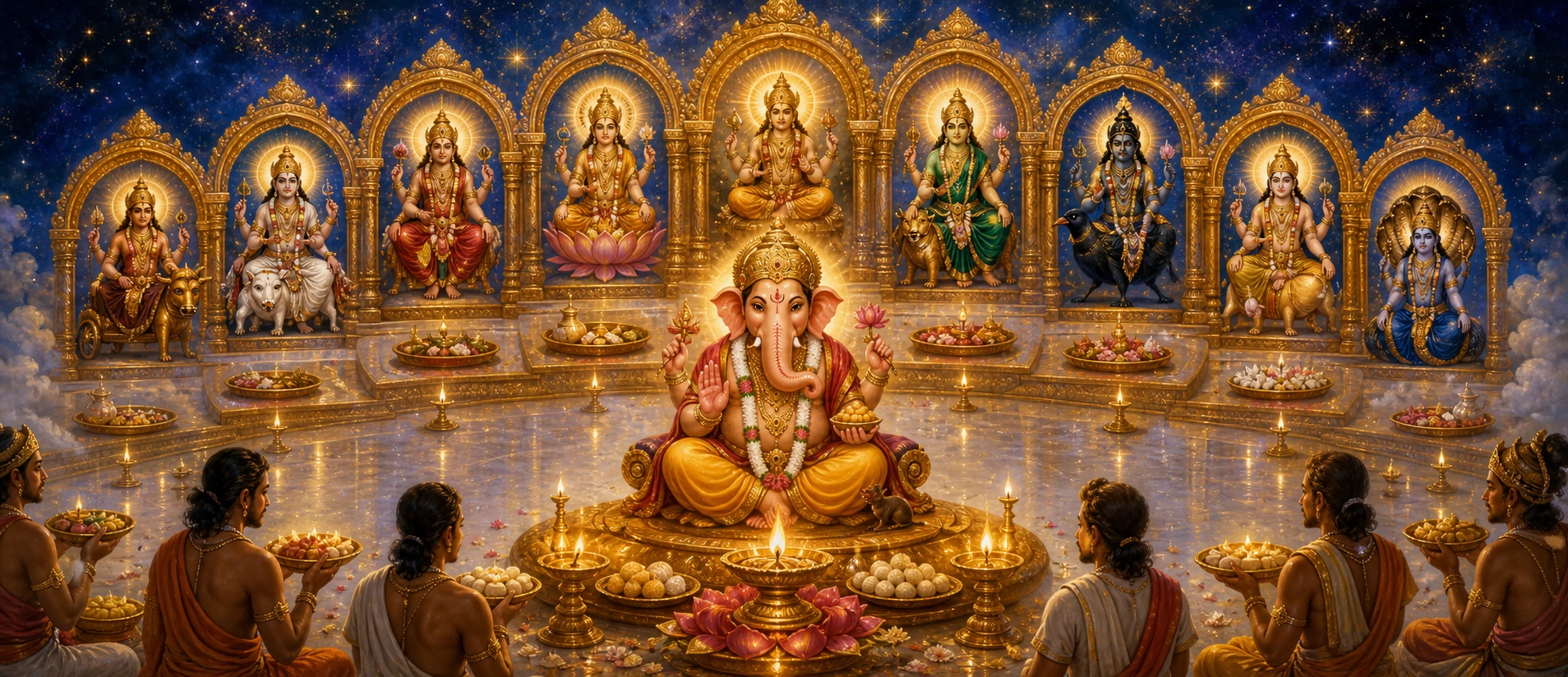 Ganesh enshrined centrally before a row of nine golden Navagraha shrines, devotees below offering him lamps and sweets first.