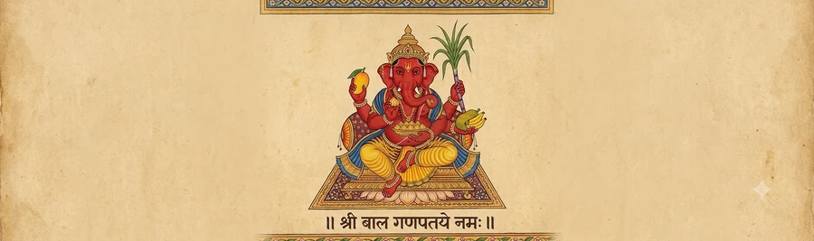 An illustration of Bala Ganapati, the child form of Ganapati, four-armed and seated, holding a banana, a mango, a bunch of jackfruit, and a stalk of sugarcane.