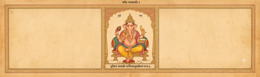 An illustration of Bhakti Ganapati, four-armed, holding a coconut, a mango, a banana, and a bowl of payasam.