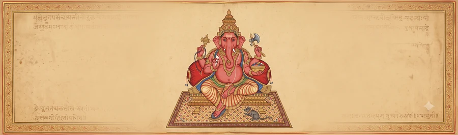 An illustration of Dhundhi Ganapati, four-armed, seated with his mouse mount below, holding his tusk, a rosary, a hatchet, and a pot of gems.