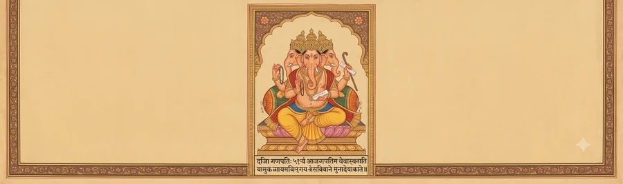 An illustration of Dvija Ganapati, shown with four heads and four arms, holding a rosary, a water pot, a walking-stick, and a palm-leaf manuscript.