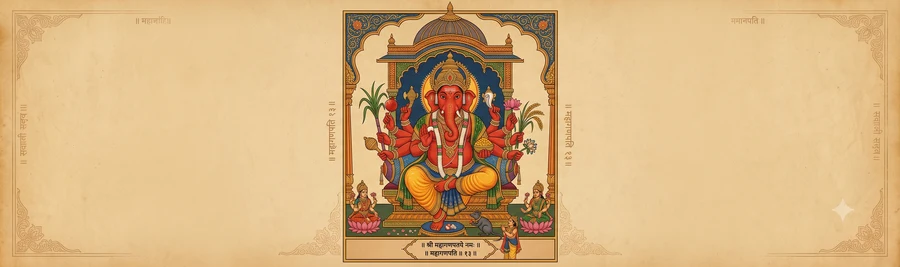 An illustration of Maha Ganapati, ten-armed, seated with a consort, a crescent moon on his crown, holding a tusk, a pomegranate, a discus, a conch, and other emblems including sugarcane.