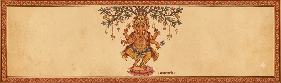 An illustration of Nritya Ganapati, the dancing form of Ganapati, four-armed, captured mid-dance beneath a flowering tree, standing on a lotus.