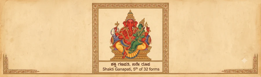 An illustration of Shakti Ganapati, four-armed, seated with his Shakti, holding a garland, a noose, and a goad, one hand raised in blessing.