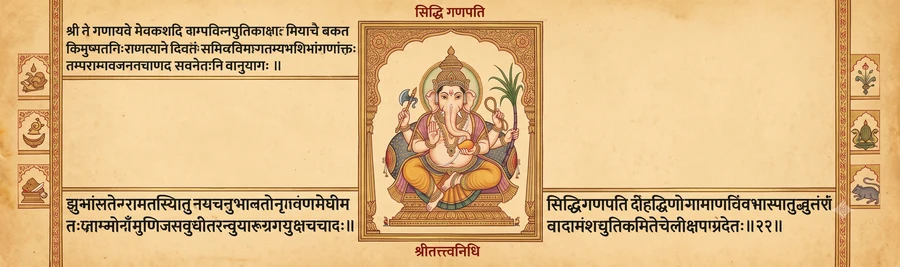 An illustration of Siddhi Ganapati, four-armed, holding an axe, a noose, a stalk of sugarcane, and a ripe mango.